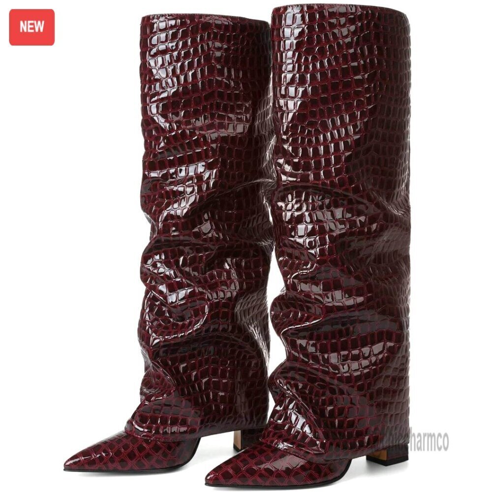 Wide Calf Knee High Boots Chunky Heel Fold Over Pointed Toe Winter Pull On